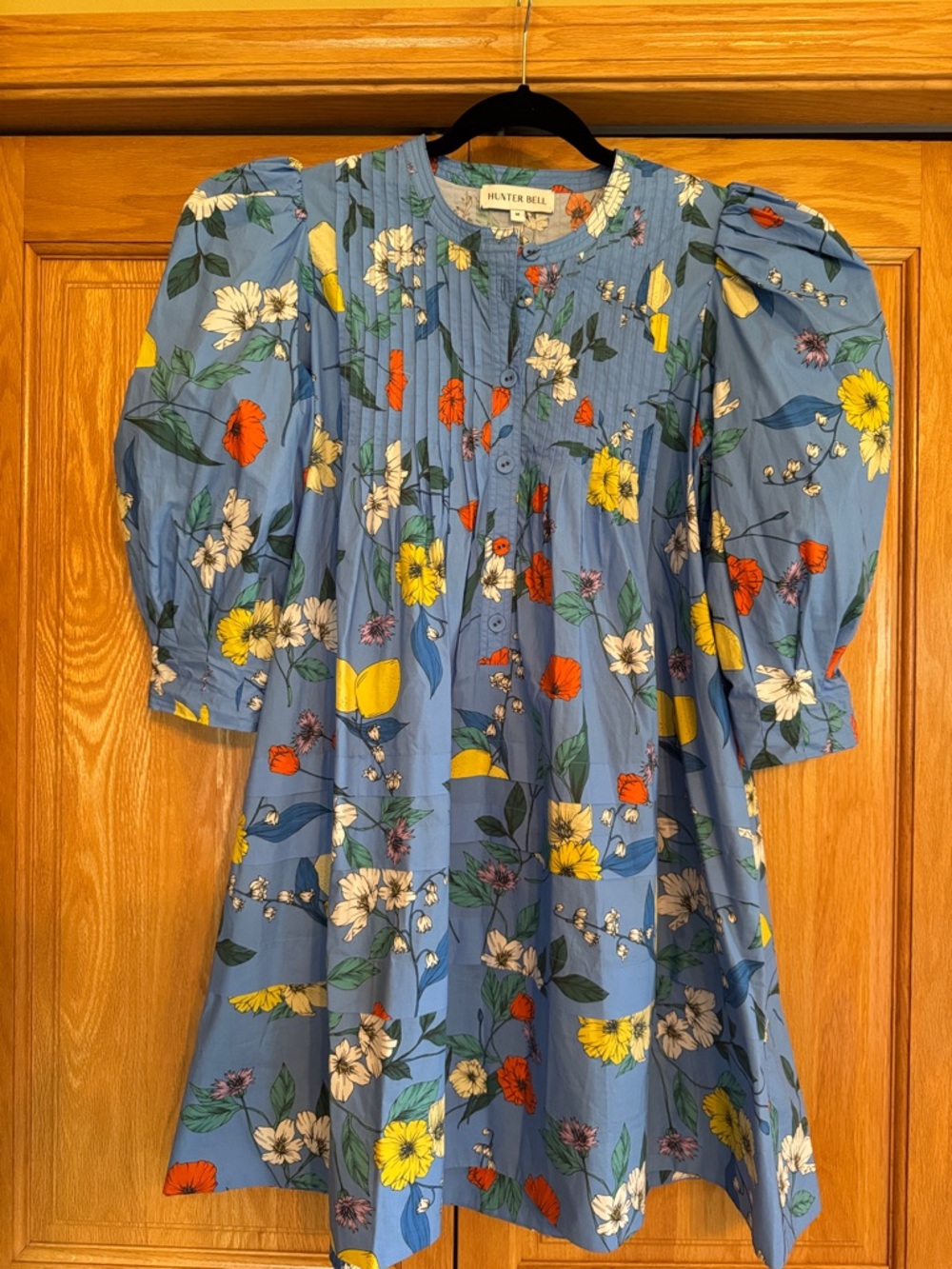 HUNTER BELL Blue Floral Mini Dress with Puff Sleeves with pocket size Medium